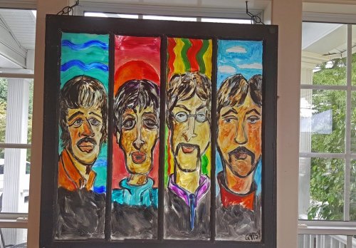 Colorful painting of four men with distinct hairstyles and facial features, set against vibrant, abstract backgrounds.