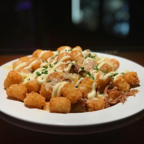 A plate of crispy tater tots topped with shredded meat, drizzled with sauce, and garnished with chives.