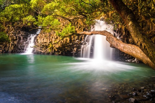 A serene waterfall cascades into a turquoise pool, surrounded by lush greenery and rocky cliffs.