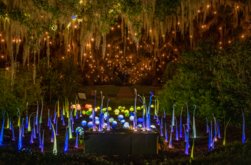 A vibrant garden scene with colorful glass sculptures and twinkling lights hanging from trees above.
