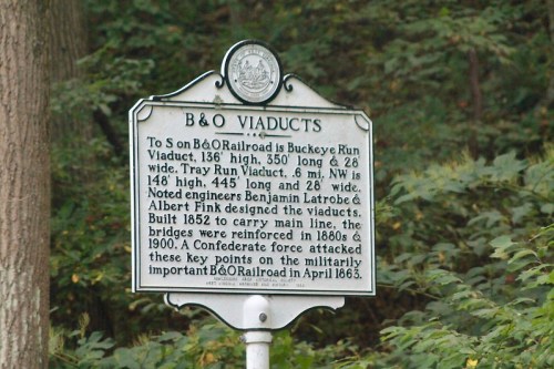 Historical marker for B&O Viaducts, detailing dimensions and significance during the Civil War.