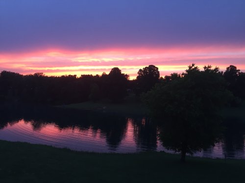 A serene lake at sunset, reflecting vibrant pink and purple hues in the sky, surrounded by trees.