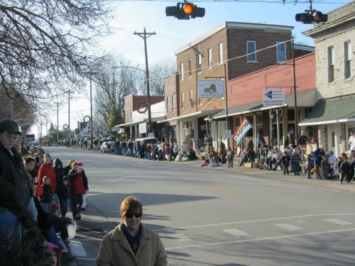 A crowd gathers along a street lined with shops, waiting for a parade under a clear blue sky.