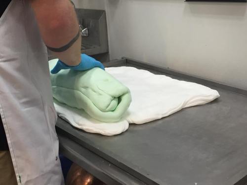 A person in gloves rolls green fondant on a countertop, preparing it for cake decoration.