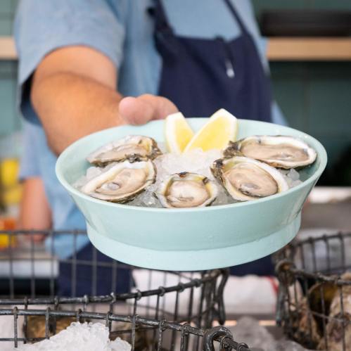 A person holds a blue plate of fresh oysters on ice, garnished with lemon wedges.