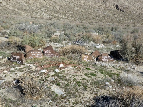 Rocks in a desert landscape with painted messages, including "Everybody must stay tuned" and "A trip you will never forget."