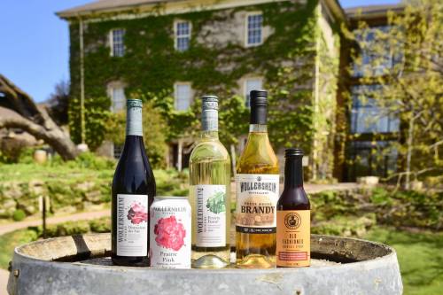 A selection of wine and brandy bottles displayed on a barrel, with a historic building and greenery in the background.