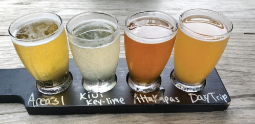 A flight of four craft beers in glasses on a wooden board, labeled Area 31, Kiwi Key-Lime, Attakapas, and Day Trip.