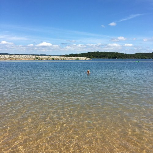 A calm lake with clear water, a person swimming in the distance, and green hills under a blue sky.