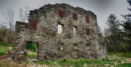A weathered stone ruin with several windows, surrounded by overgrown grass and trees.