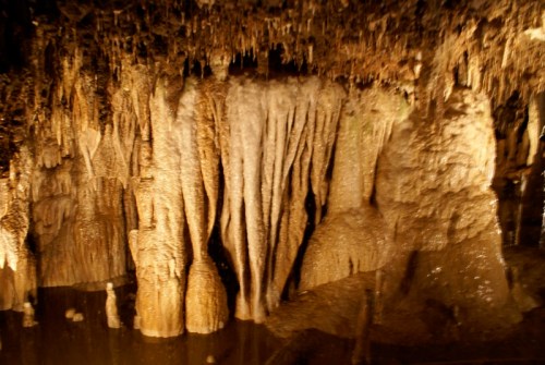 Stalactites and stalagmites in a dimly lit cave, with water reflections on the ground.