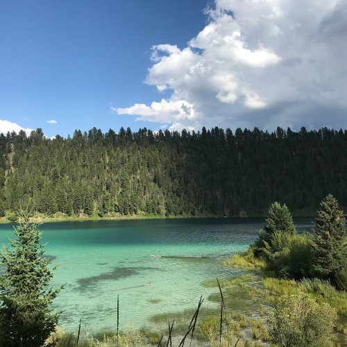 A serene lake surrounded by lush green trees under a partly cloudy sky. The water is a vibrant turquoise color.