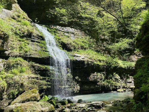 A serene waterfall cascades over mossy rocks into a clear pool, surrounded by lush greenery and steep cliffs.