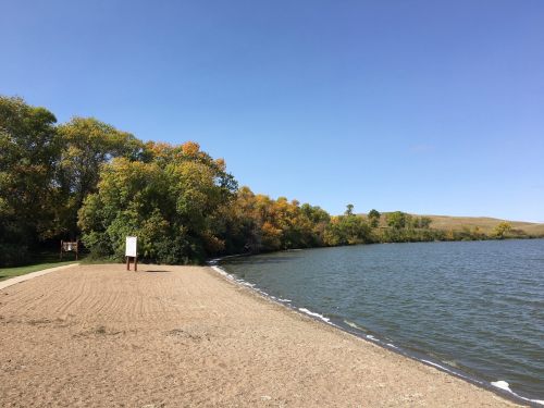 A sandy beach beside a calm lake, with trees displaying autumn colors under a clear blue sky.