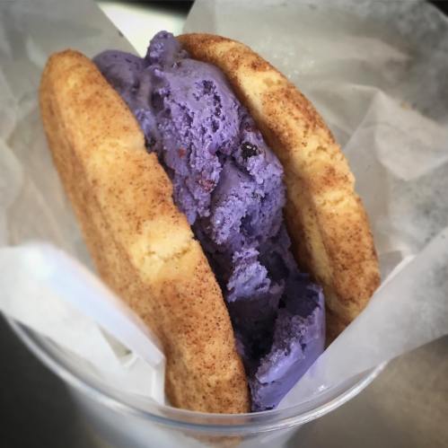 A close-up of a dessert featuring purple ice cream sandwiched between two cinnamon cookies in a cup.