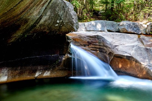 A serene waterfall cascades over smooth rocks into a tranquil pool, surrounded by lush greenery.