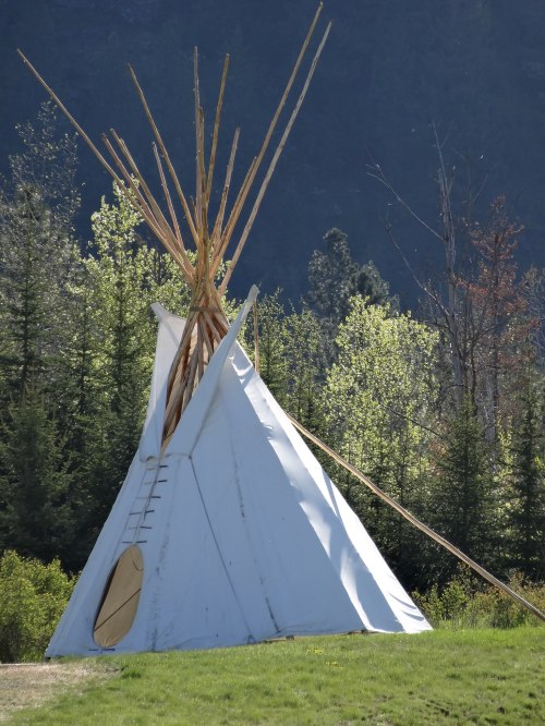 A white teepee with wooden poles on top, set against a backdrop of green trees and a mountainous landscape.