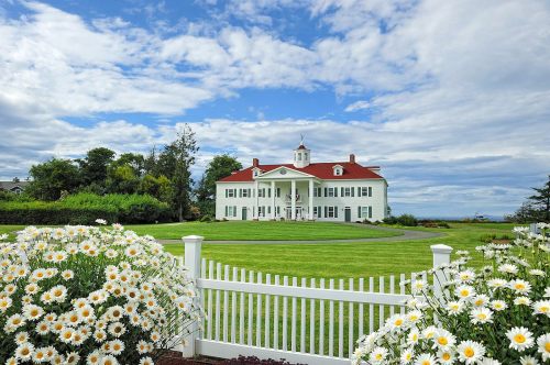 A large white house with a red roof, surrounded by green grass and blooming daisies under a blue sky with clouds.