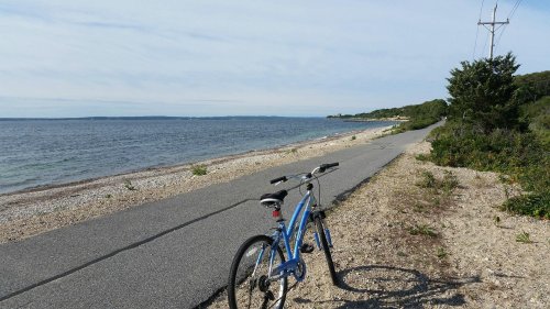 A blue bicycle parked on a coastal path beside the water, with a sandy beach and greenery in the background.