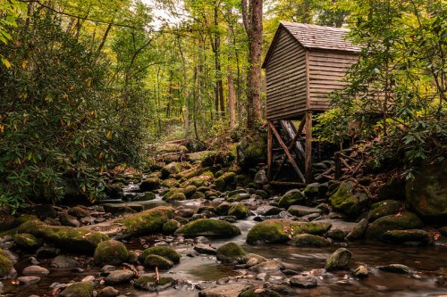 A rustic wooden cabin on stilts beside a rocky stream, surrounded by lush green trees and foliage.