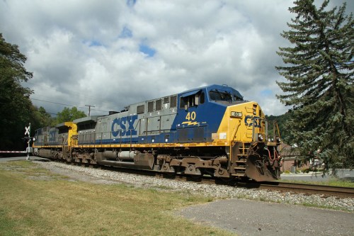 A CSX freight train locomotive in blue and yellow colors, parked on tracks with trees and clouds in the background.