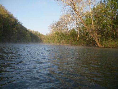 A serene river scene with mist rising, surrounded by lush green trees under a clear blue sky.