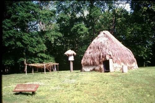 A thatched-roof hut in a grassy area, surrounded by trees, with a sign and a wooden structure nearby.