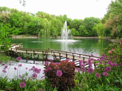 A serene pond surrounded by lush greenery and colorful flowers, featuring a fountain and a wooden walkway.