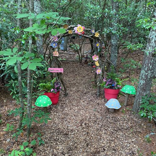 A whimsical garden entrance with a twig arch, colorful flowers, and potted plants, surrounded by lush greenery.