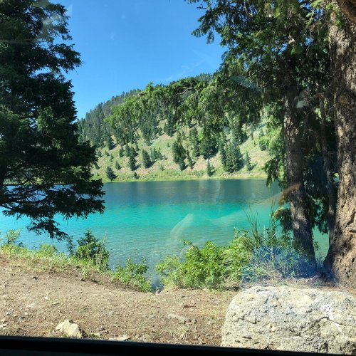 A serene lake surrounded by lush green trees and hills under a clear blue sky.