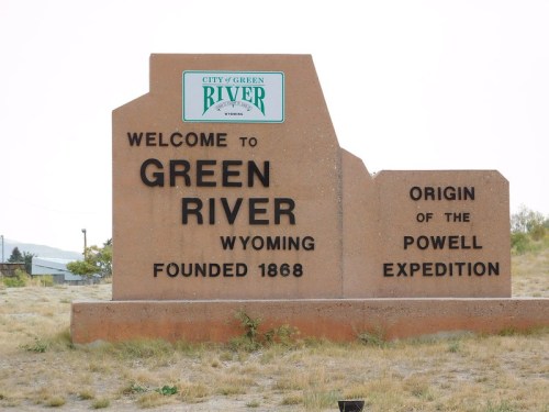 Welcome sign for Green River, Wyoming, established in 1868, noting its significance in the Powell Expedition.