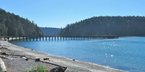 A serene coastal scene featuring a wooden pier extending into a sparkling blue bay, surrounded by lush green hills.