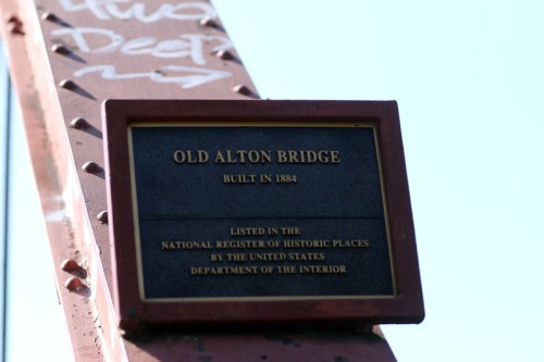 Plaque on the Old Alton Bridge, built in 1884, noting its listing in the National Register of Historic Places.