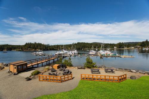 A scenic marina with boats docked, surrounded by trees and a sandy area with seating and a wooden walkway.