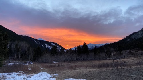 A vibrant sunset casts orange and pink hues over snow-capped mountains and a grassy field, framed by dark trees.