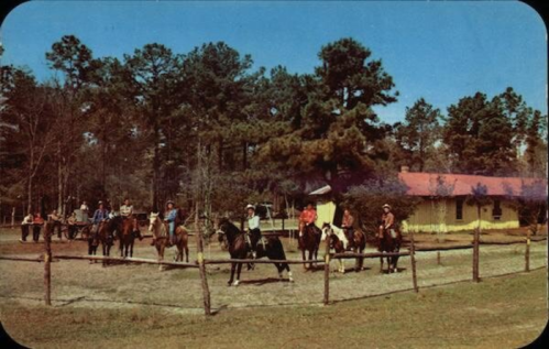 A group of people on horseback near a rustic cabin, surrounded by trees in a natural setting.