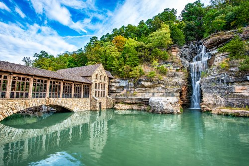 A scenic view of a stone building with a bridge beside a waterfall and lush greenery under a blue sky.