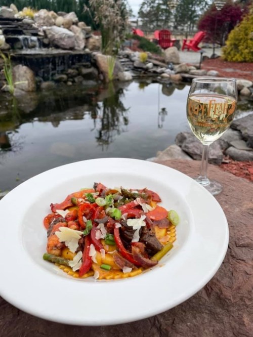 A plate of colorful pasta with vegetables and meats, beside a glass of white wine, near a serene pond and rocks.