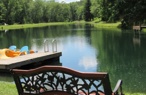 A serene pond surrounded by trees, with a wooden dock and colorful paddle boats nearby, viewed from a bench.