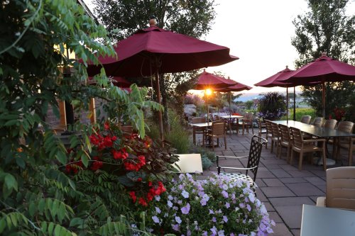 A patio with red umbrellas, blooming flowers, and wooden tables, illuminated by a sunset in the background.