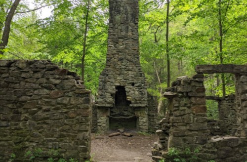 Ruins of a stone structure with a tall chimney, surrounded by lush green trees and foliage.