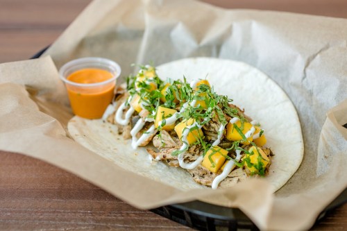 A tortilla filled with grilled chicken, mango, cilantro, and drizzled with sauce, served with a side of dipping sauce.