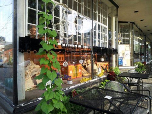 A storefront with large windows displaying colorful items, surrounded by plants and outdoor seating.