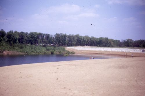 A sandy beach by a calm river, surrounded by trees and a clear blue sky, with a few people in the distance.
