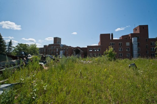 Abandoned building surrounded by overgrown grass and scattered debris under a clear blue sky.