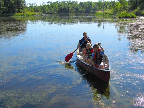 A family paddles a canoe on a calm lake surrounded by lush greenery and clear water.