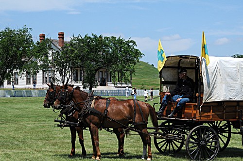 A horse-drawn wagon with a driver sits on green grass, with a historic building and people in the background under a blue sky.
