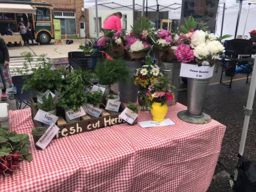 A market table displays fresh herbs and colorful flower bouquets in vases, with a checkered tablecloth.