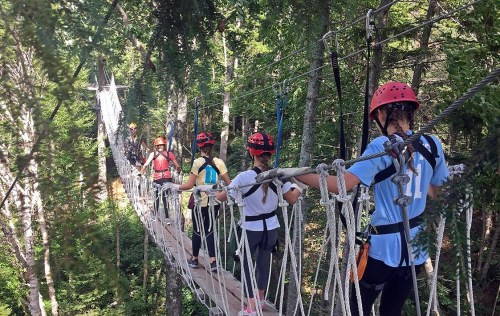 A group of people wearing helmets and harnesses crossing a suspension bridge in a forested area.