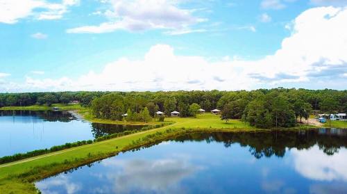 A serene lake surrounded by lush greenery and cabins under a bright blue sky with fluffy clouds.